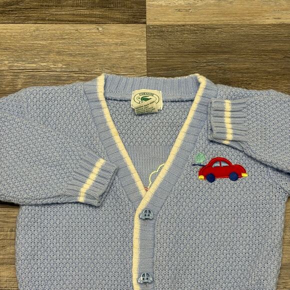 Vintage 80s 90s Chemise Lacoste Car Tree Blue White Babies 18M Cardigan Sweater - Picture 3 of 10